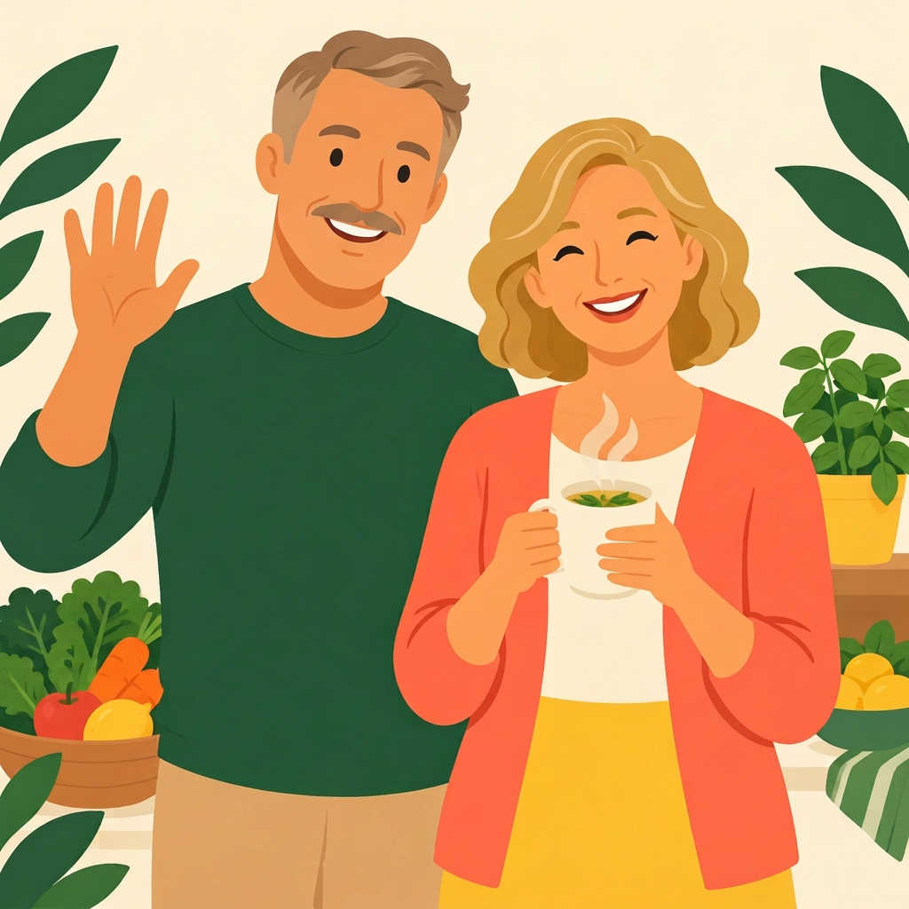 Illustration of Aaron and Sel Shuster, a smiling man waving and a woman holding a warm mug of herbal tea