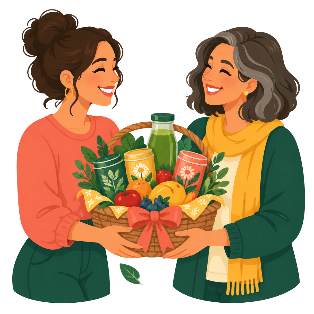 Illustration of two friends warmly sharing a basket of herbal teas, a green smoothie, and fresh fruit