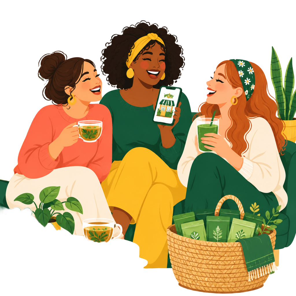 Illustration of three friends laughing while sharing herbal tea, a green smoothie, and a phone with a small online shop